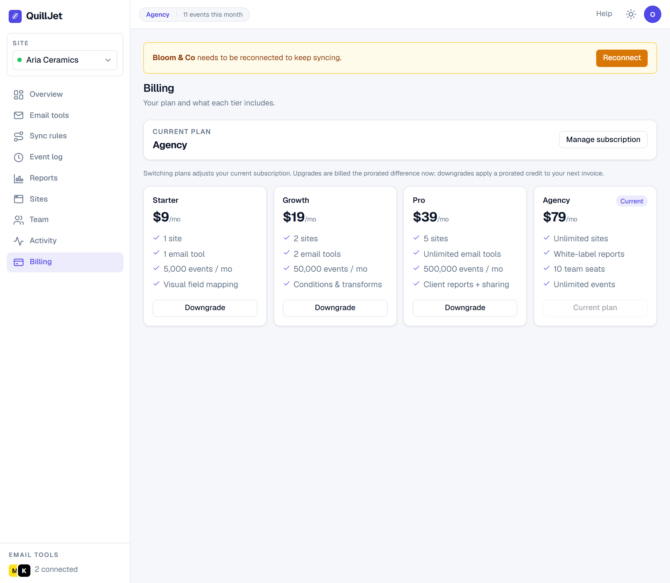 The billing view showing your current plan and management options