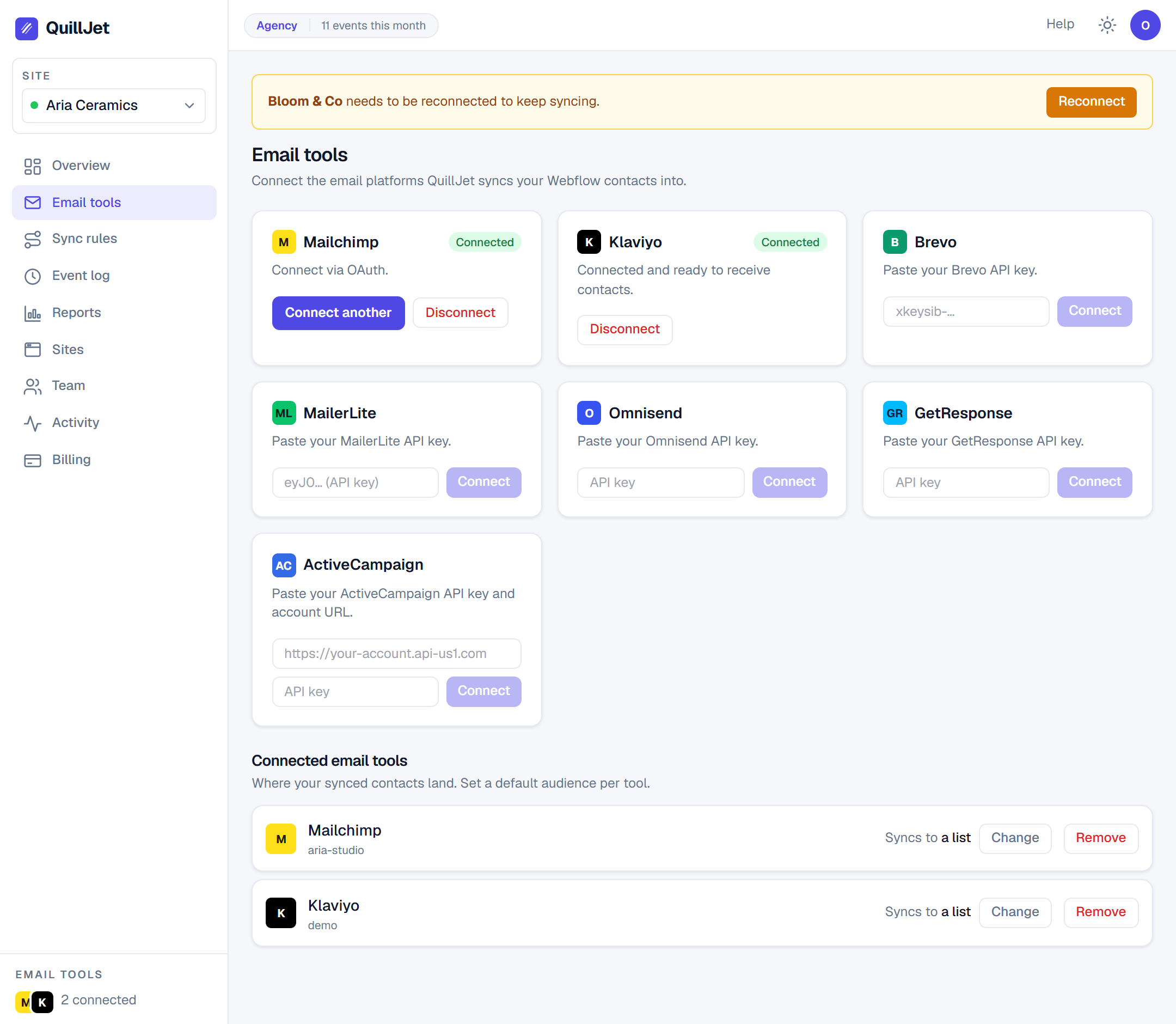 Connected email tools in the QuillJet panel
